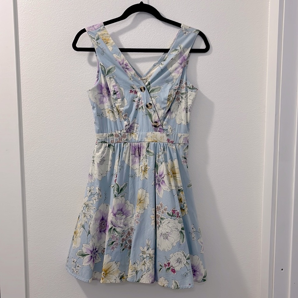 Miami Pastel Blue Floral Fit & Flare Dress – XS